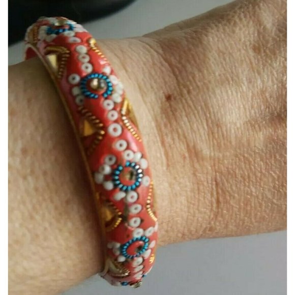 Vintage 70s India Painted Beaded Mirrored Bangle Bracelets Boho Hippie Festival - Picture 2 of 7